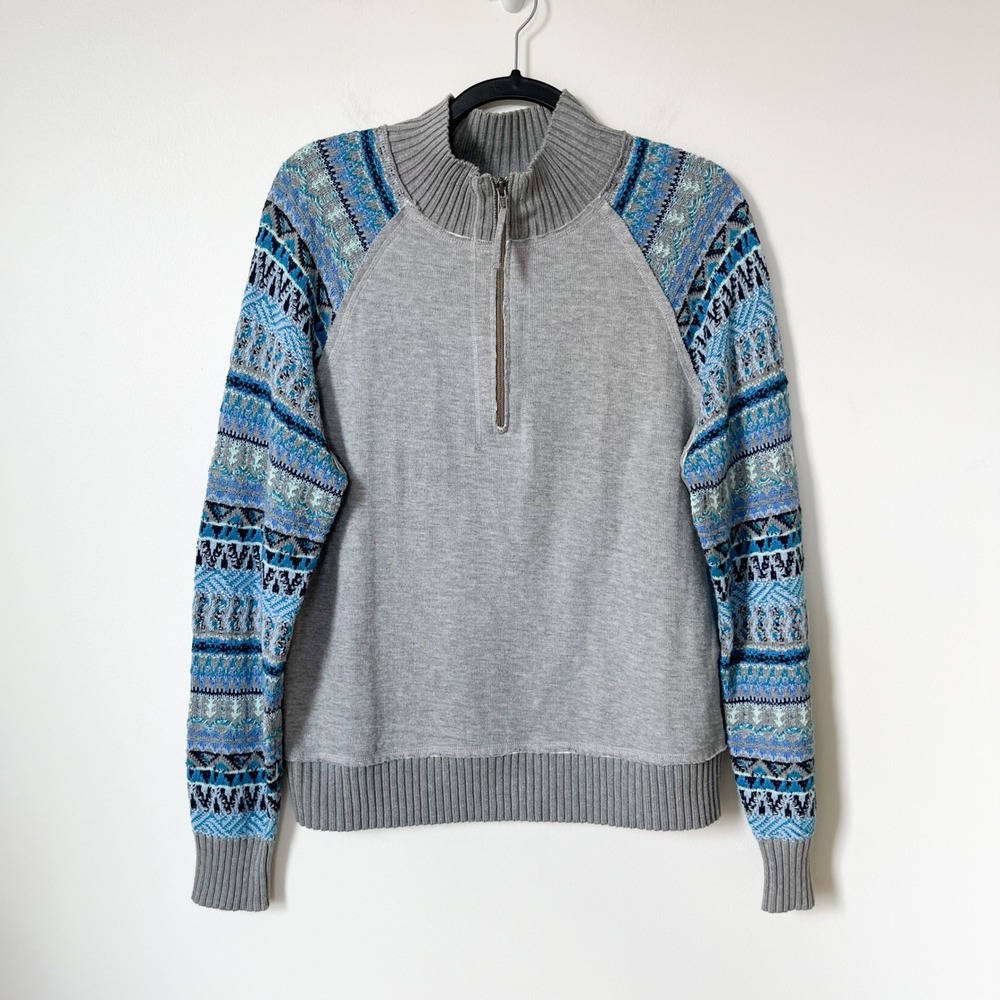 Sundance Knit Fair Isle Nordic Sleeve 1/4 Zip Sweater Womens Large Gray Blue
